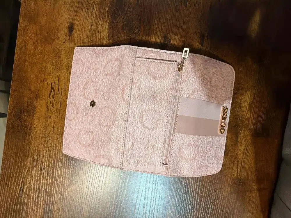 GUESS Pink Logo Print Tri-Fold Wallet with Stripe Detail